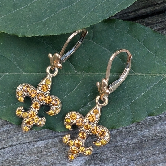 Swarovski Crystal Gold Earrings, Fleur de Lis Earrings - Picture 1 of 11